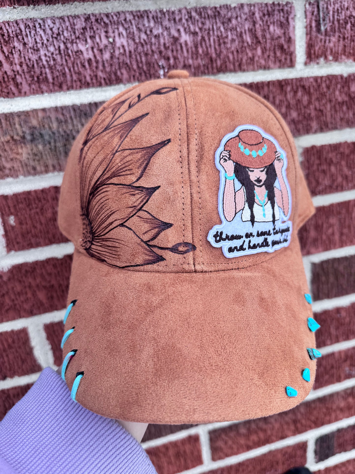 Hand burned turquoise cowgirl adult rts trucker hat.