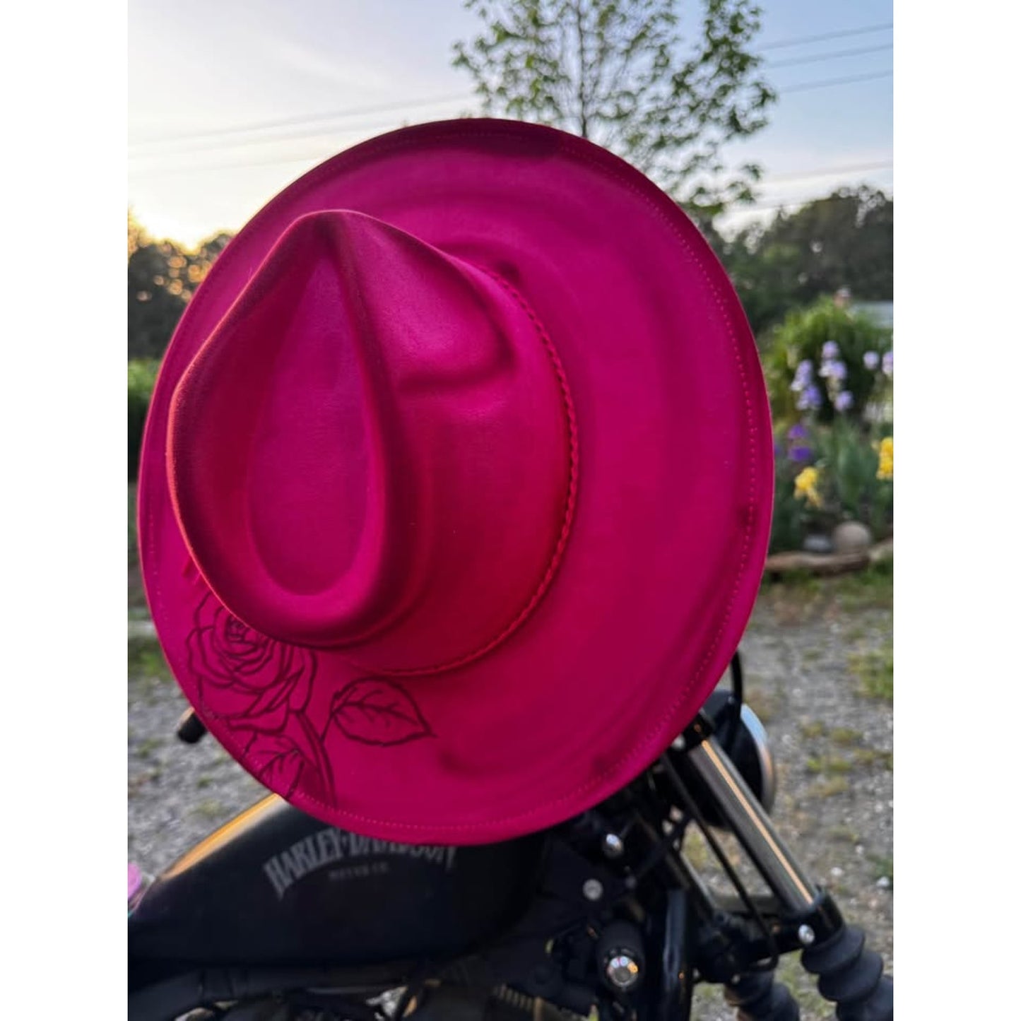 Pink Rose Wide Brim Fedora Hat womens handburned western ha