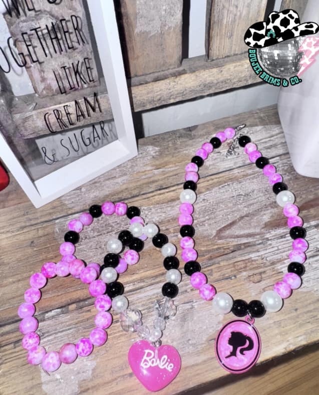 Barbie girl Set Toddler size (12in necklace +extender) Stackable Bracelet set (5.5in)