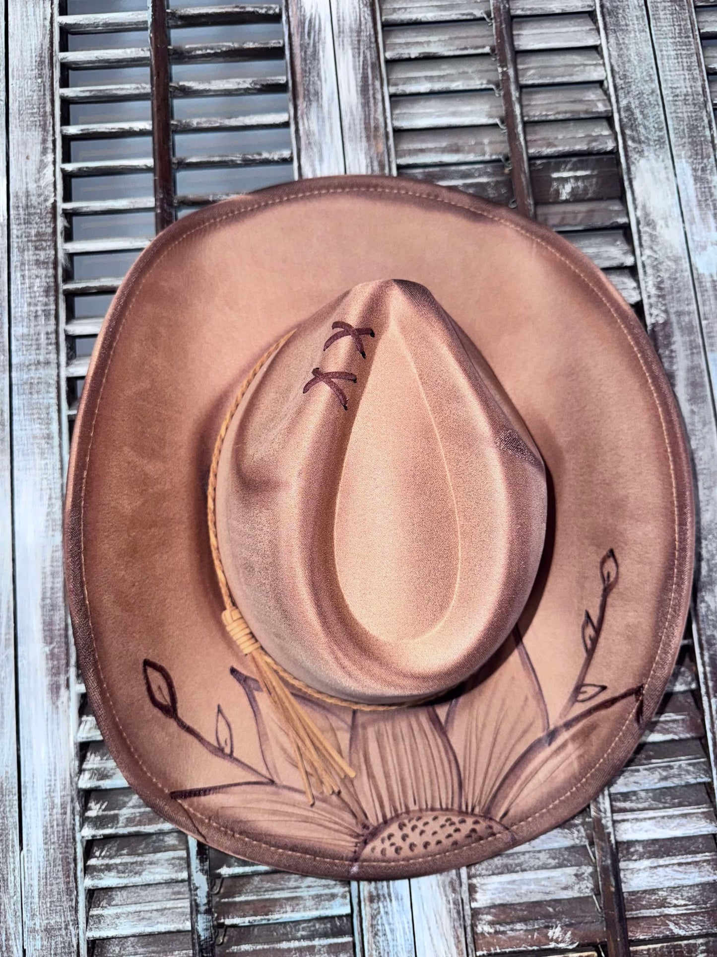 Cowboy Hats (Adult Adj Brim) Includes Burning, Stitch at top, Sunflower & Name.