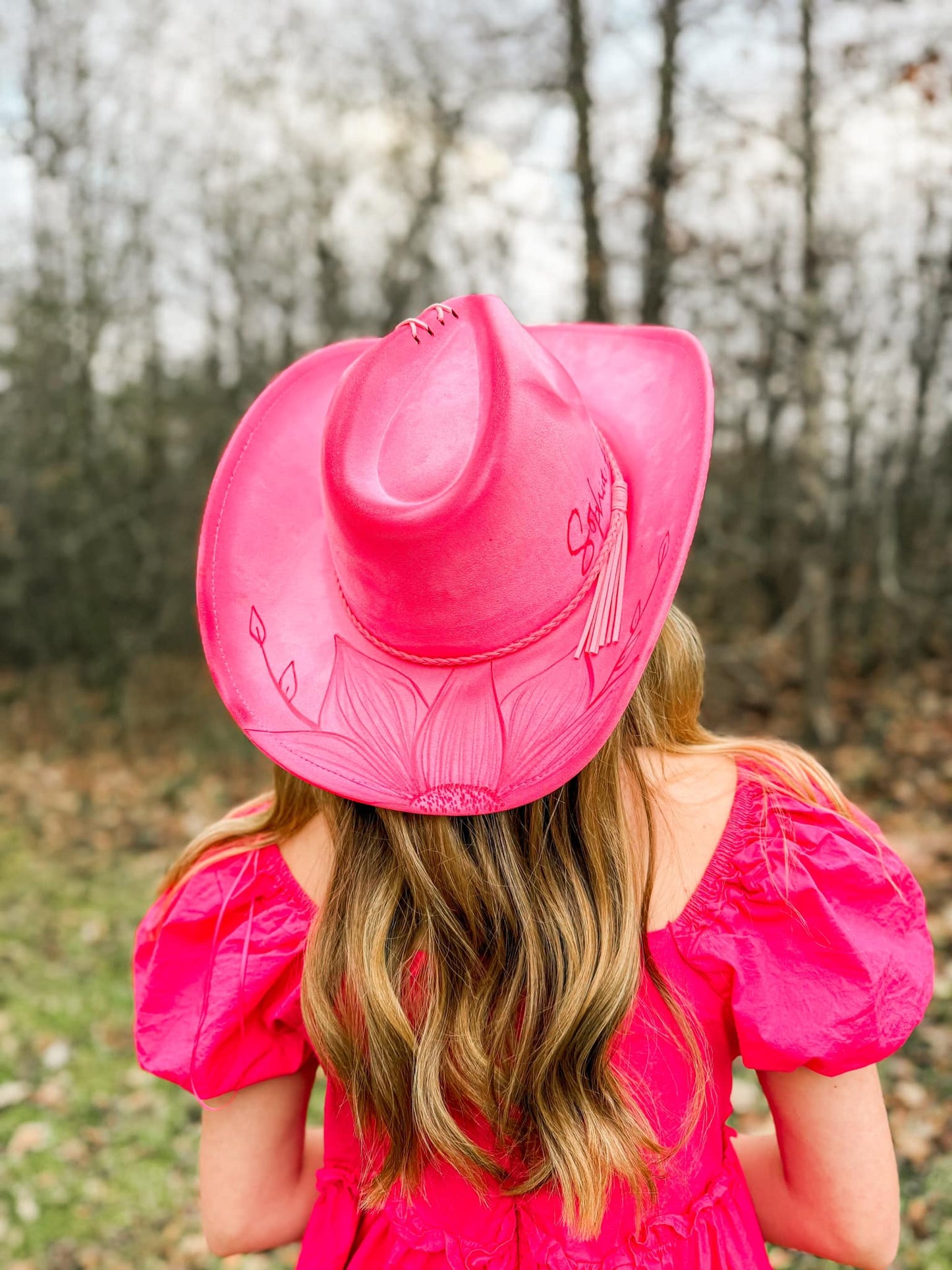 Cowboy Hats (Adult Adj Brim) Includes Burning, Stitch at top, Sunflower & Name.