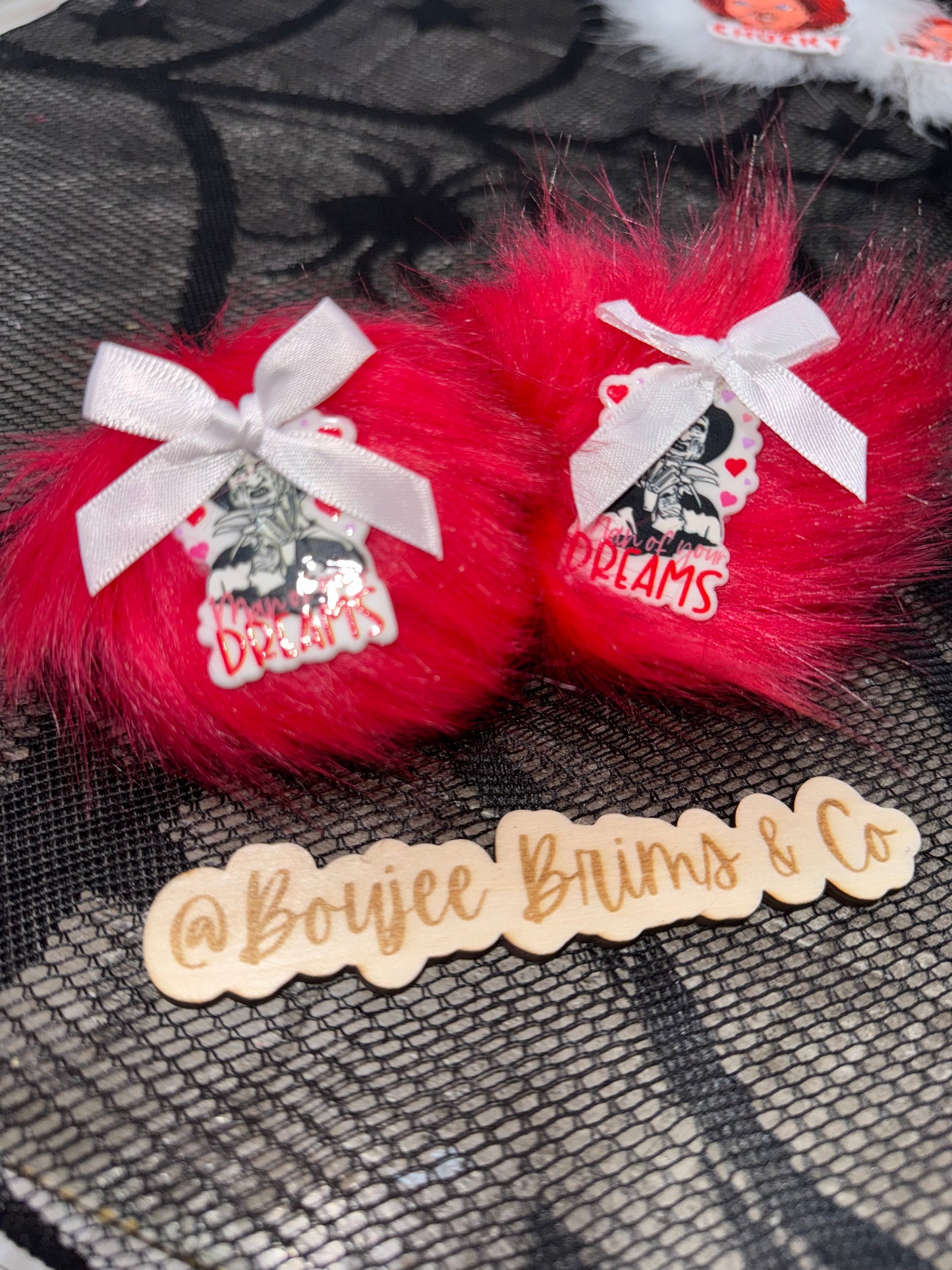Pom poms. - can be earrings(clips/hooks) OR - piggies (clips/nylon)