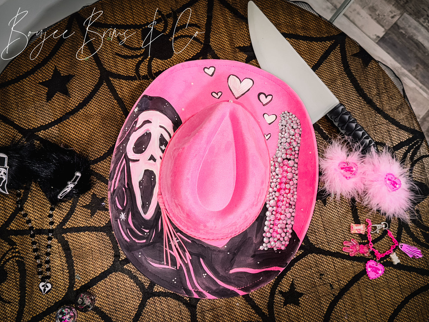 Adult adj brim Handpainted and rhinestoned ghostface hat