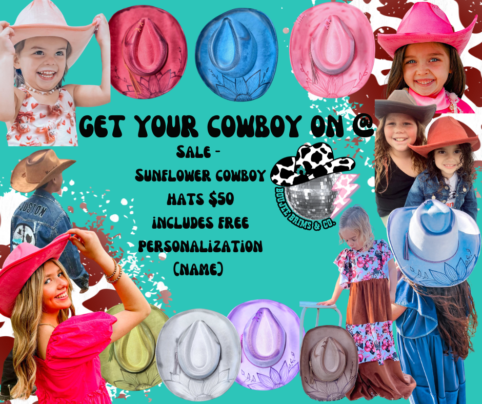 Cowboy Hats (Adult Adj Brim) Includes Burning, Stitch at top, Sunflower & Name.