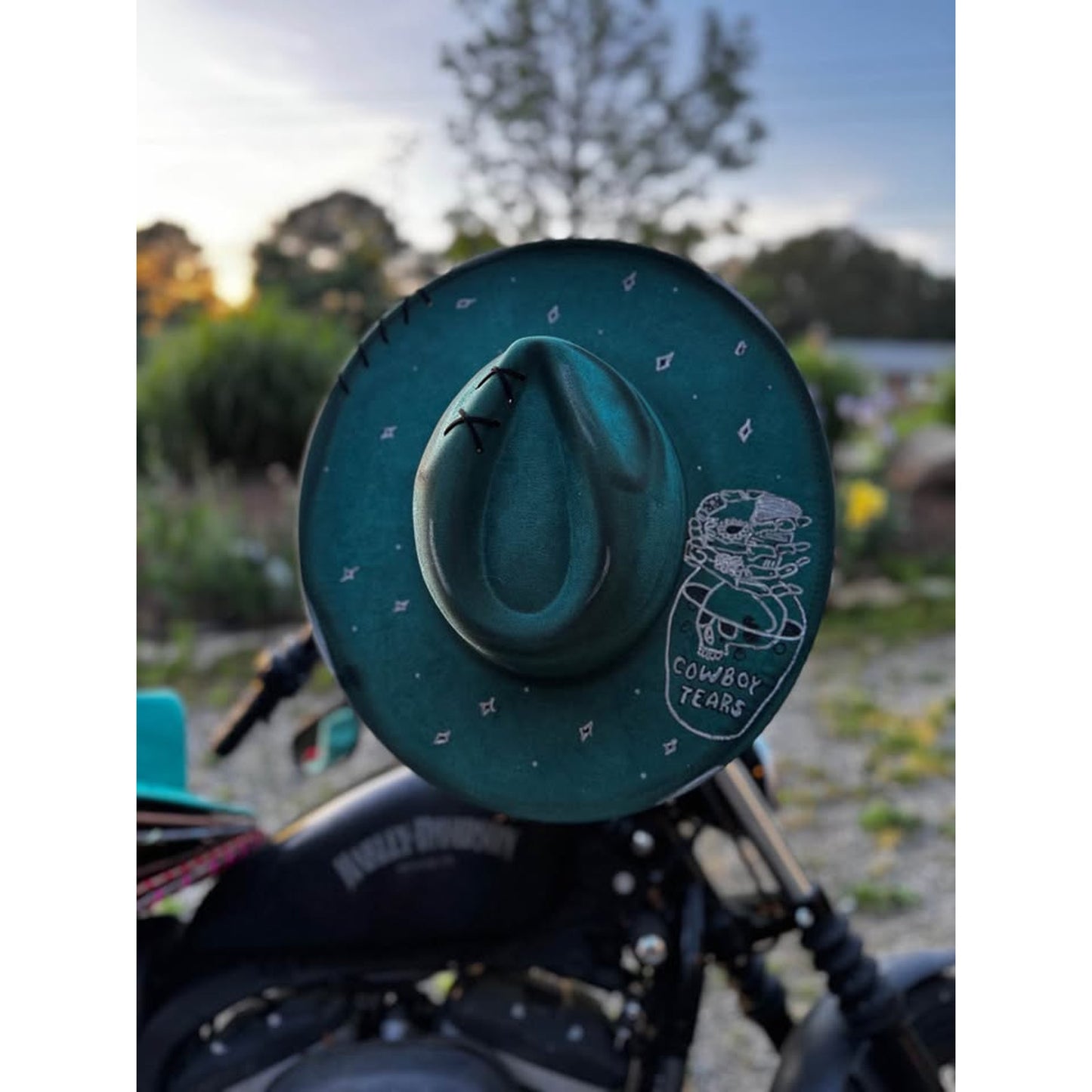 Custom handburned womens cowboy tears western Teal Wide Brim Hat