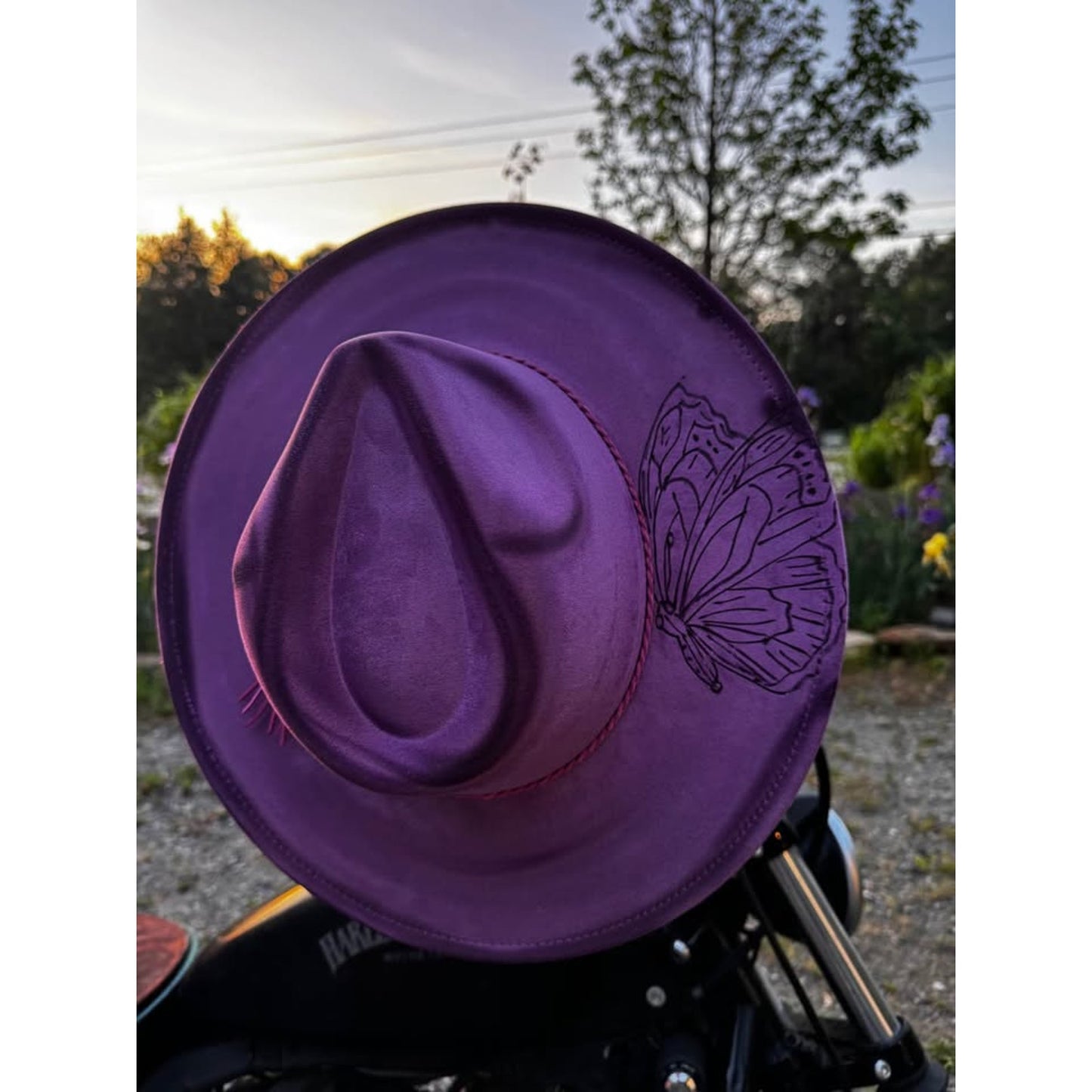 Womens handmade burned custom Purple Butterfly Fedora Hat