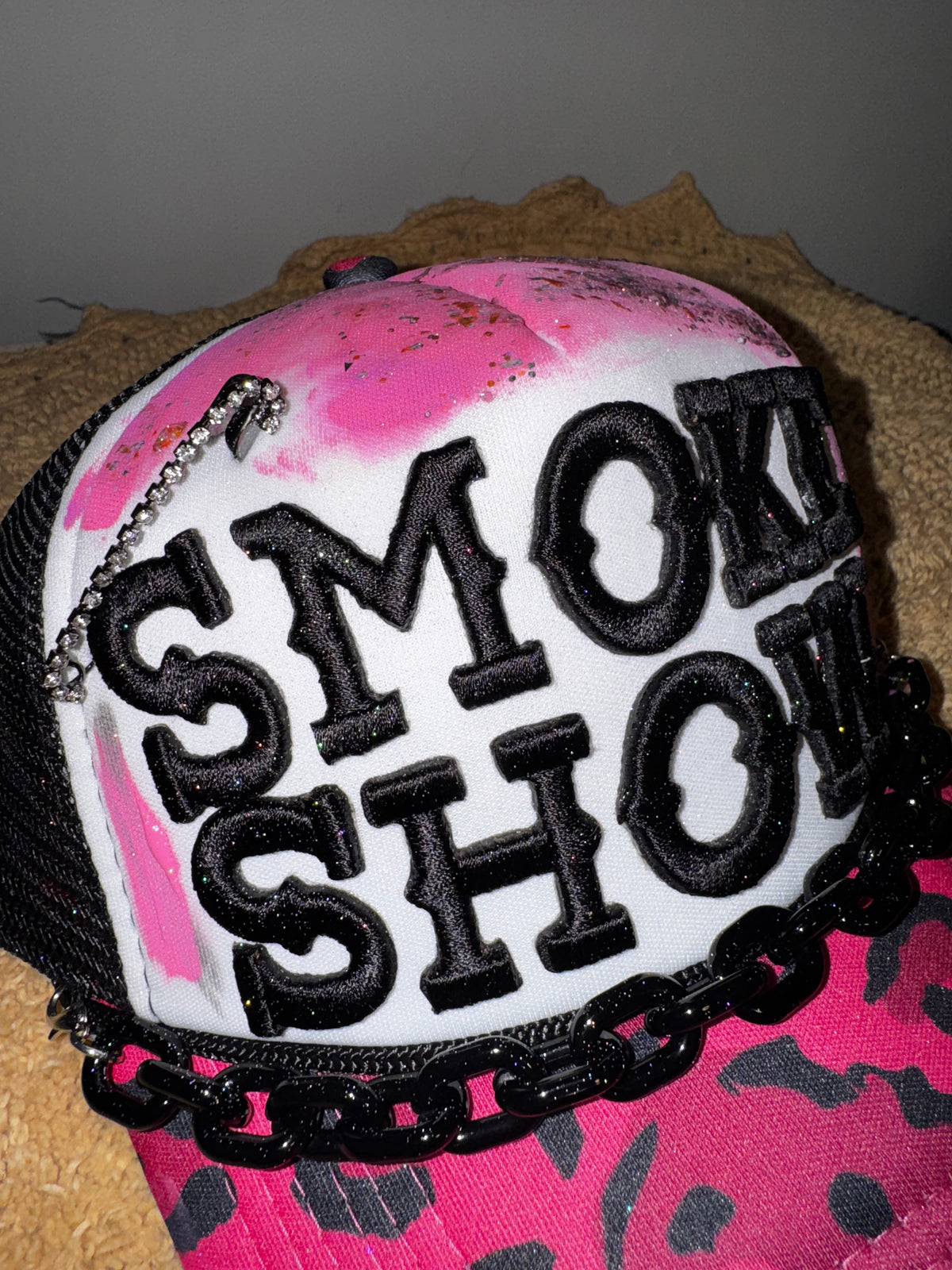 SMOKE SHOW leopard print ooak trucker hat