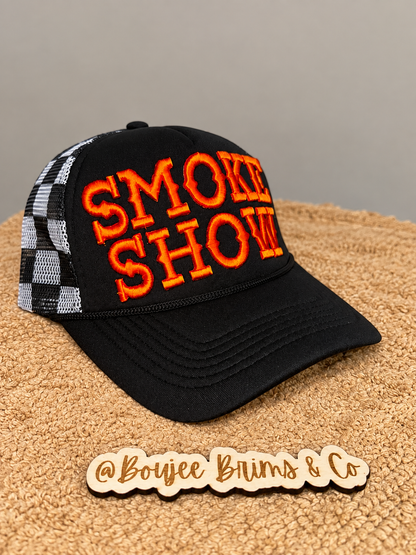 Smoke show black checkered orange letters.  Harley davidson vibes🧡