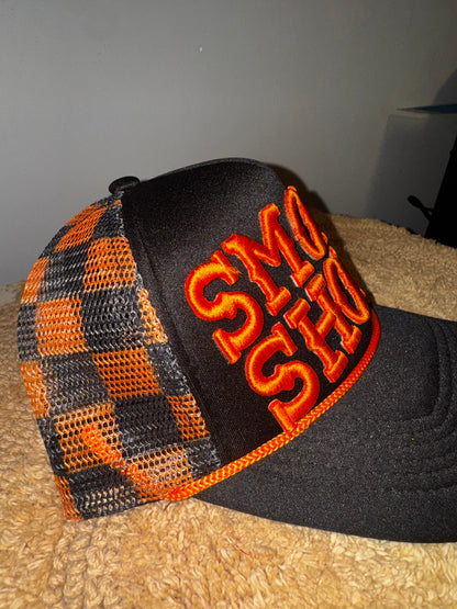 Harley vibes orange black checkeded smoke show trucker hat