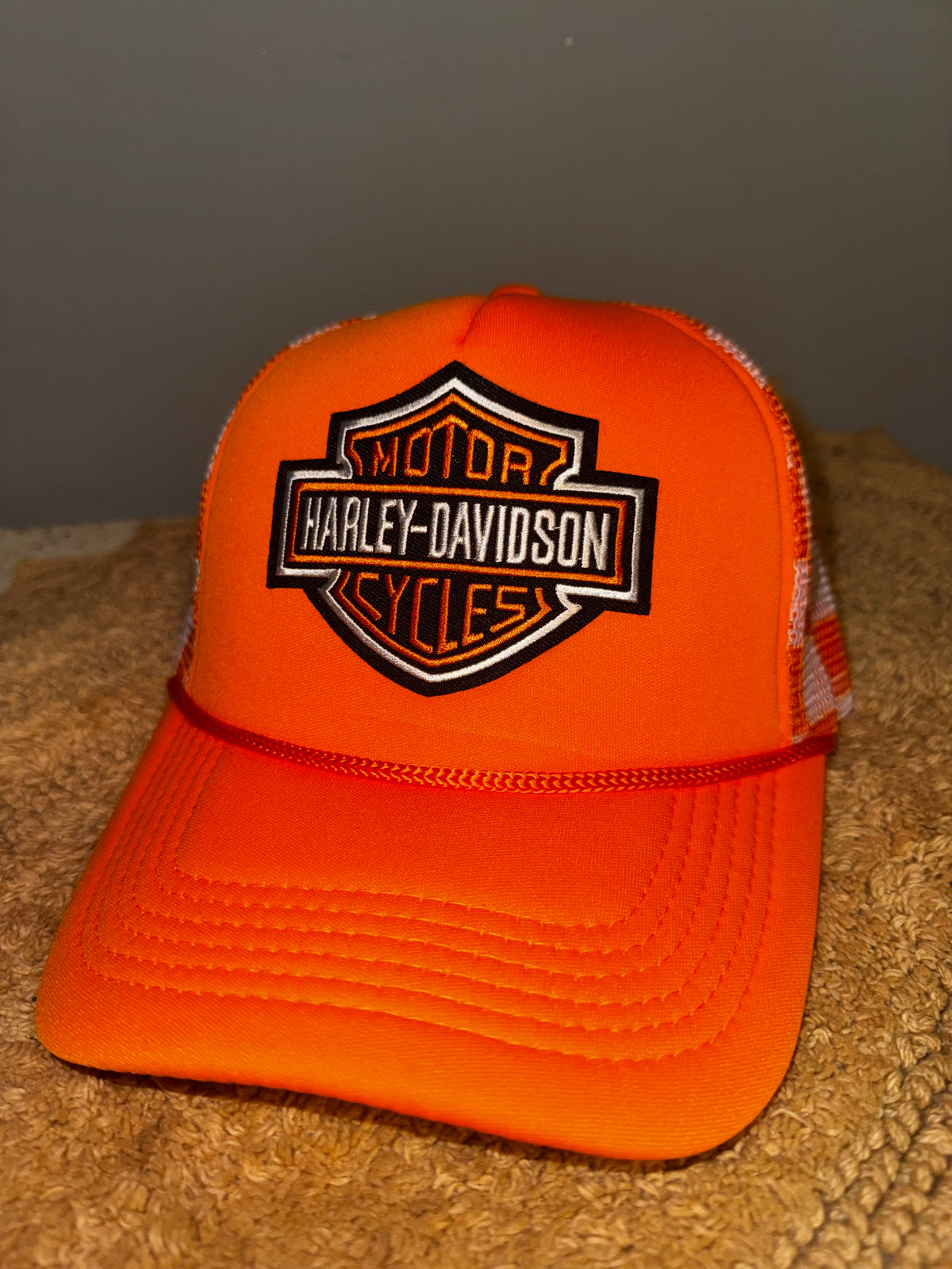 Harley davidson orange checkered unisex trucker hat