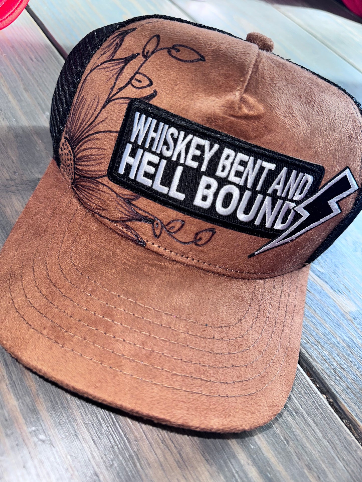 Whiskey bent & hell bound adult trucker hat