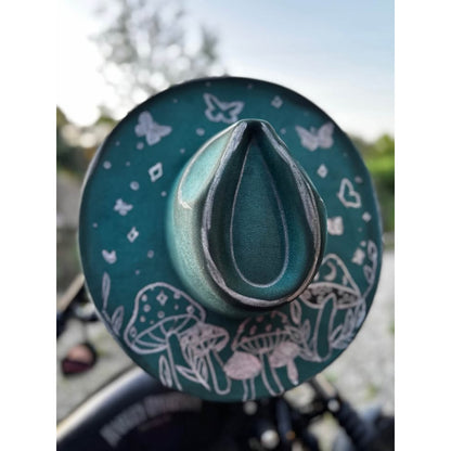 Custom Hand-Painted Teal Mushroom and Butterfly Fedora Hat handburned womens hat