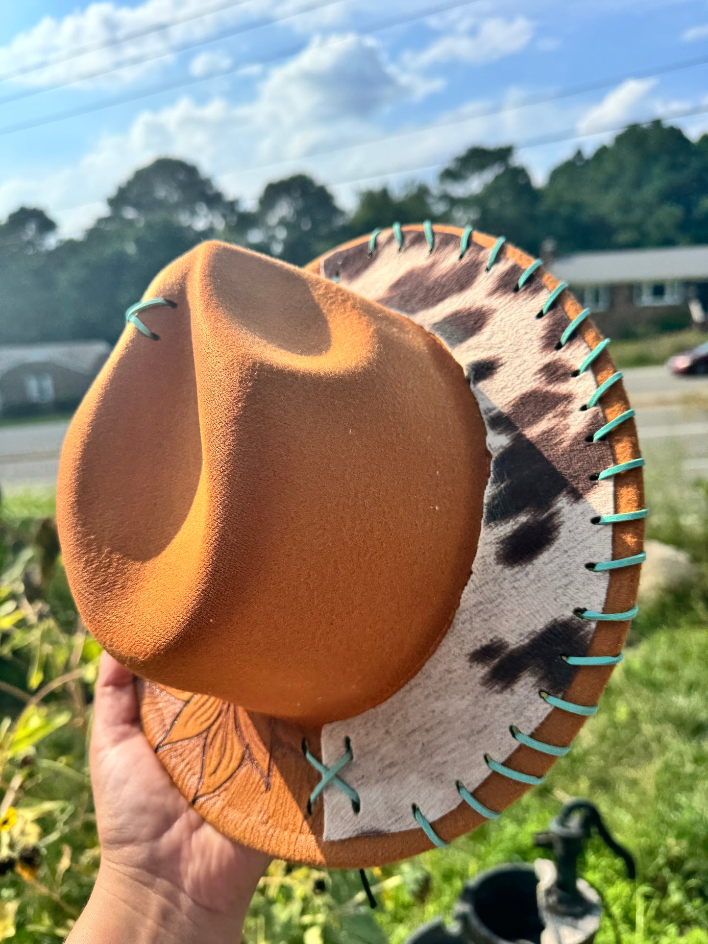 Child size reverse burn /cowprint hat