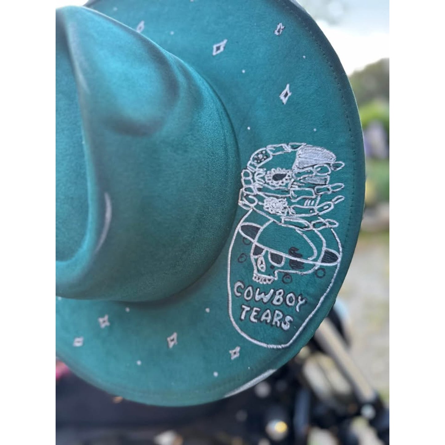 Custom handburned womens cowboy tears western Teal Wide Brim Hat