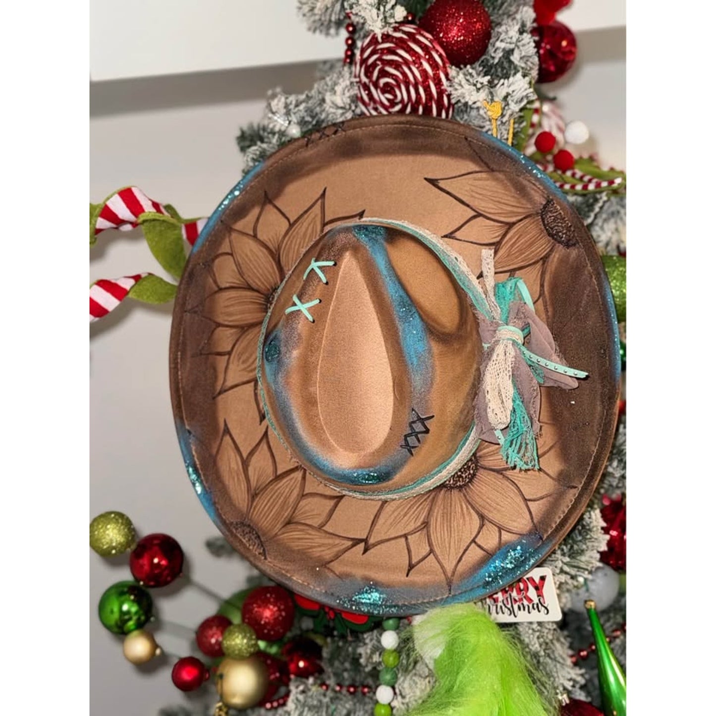 Ooak custom western sunflower handburned / painted new adult adj brim hat.