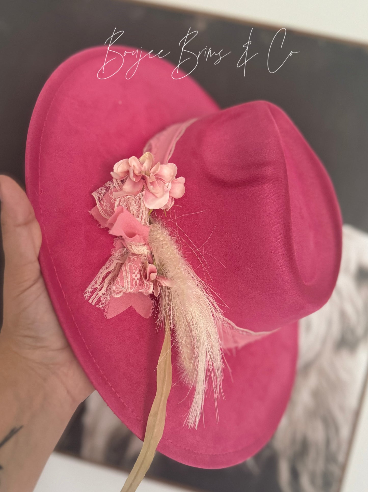 Adult pink floral hat.