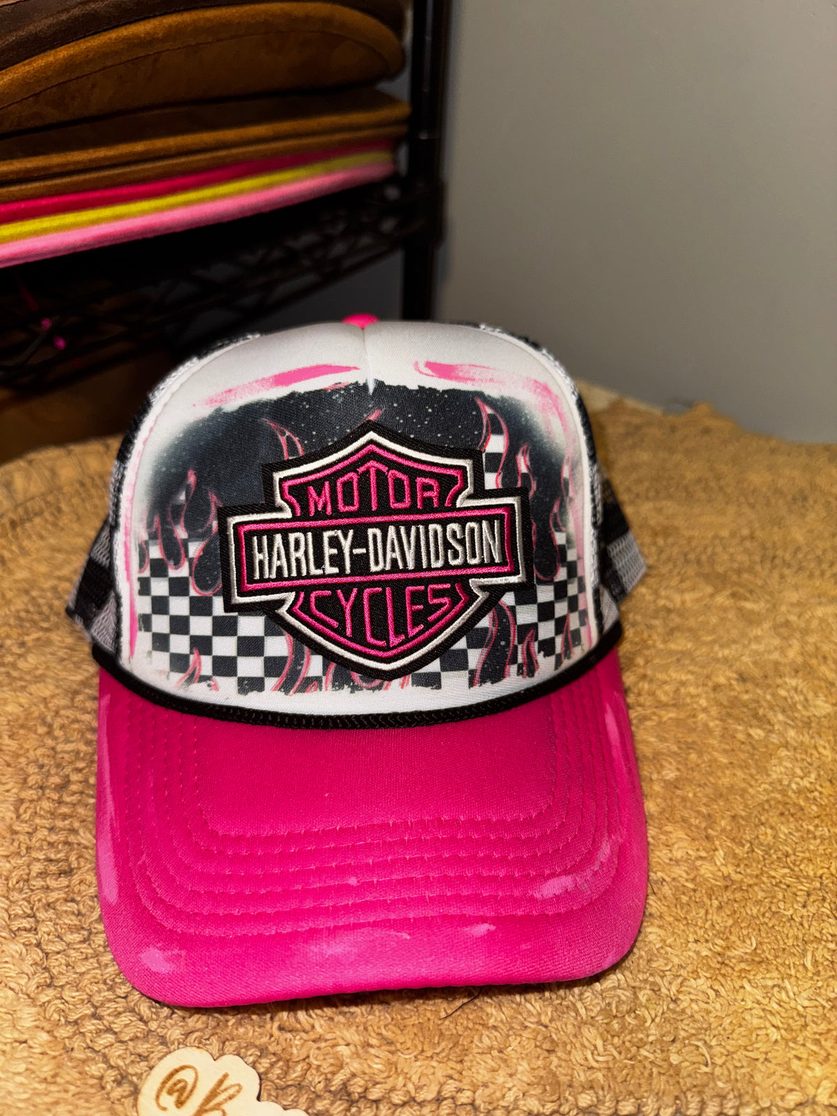 Harley Davidson pink black checkered womens trucker hat