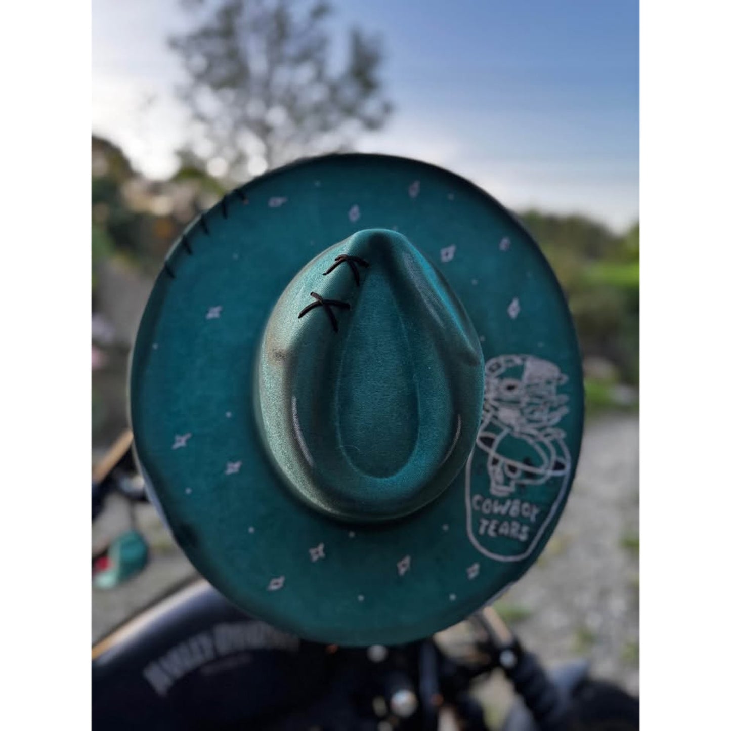 Custom handburned womens cowboy tears western Teal Wide Brim Hat