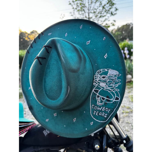 Custom handburned womens cowboy tears western Teal Wide Brim Hat