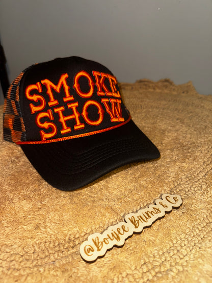 Harley vibes orange black checkeded smoke show trucker hat