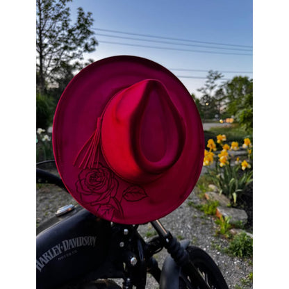 Pink Rose Wide Brim Fedora Hat womens handburned western ha