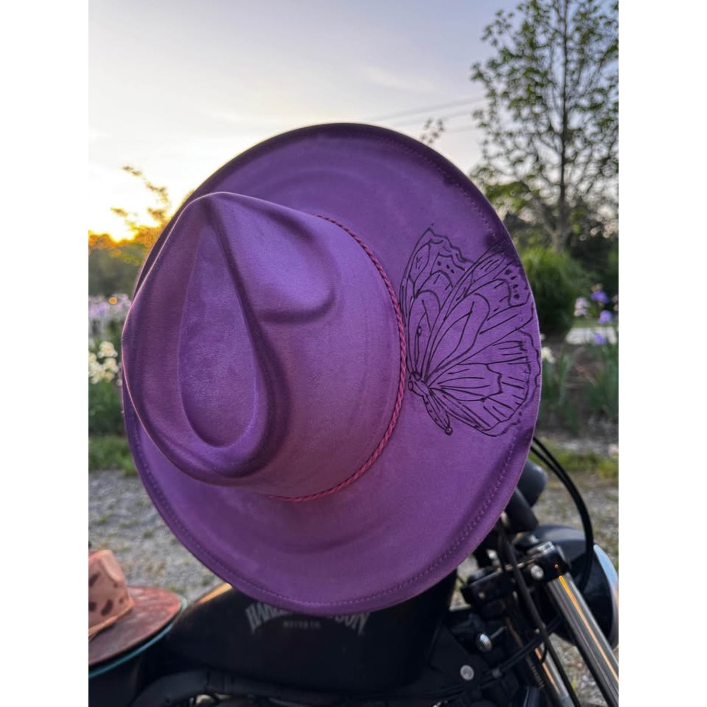 Womens handmade burned custom Purple Butterfly Fedora Hat