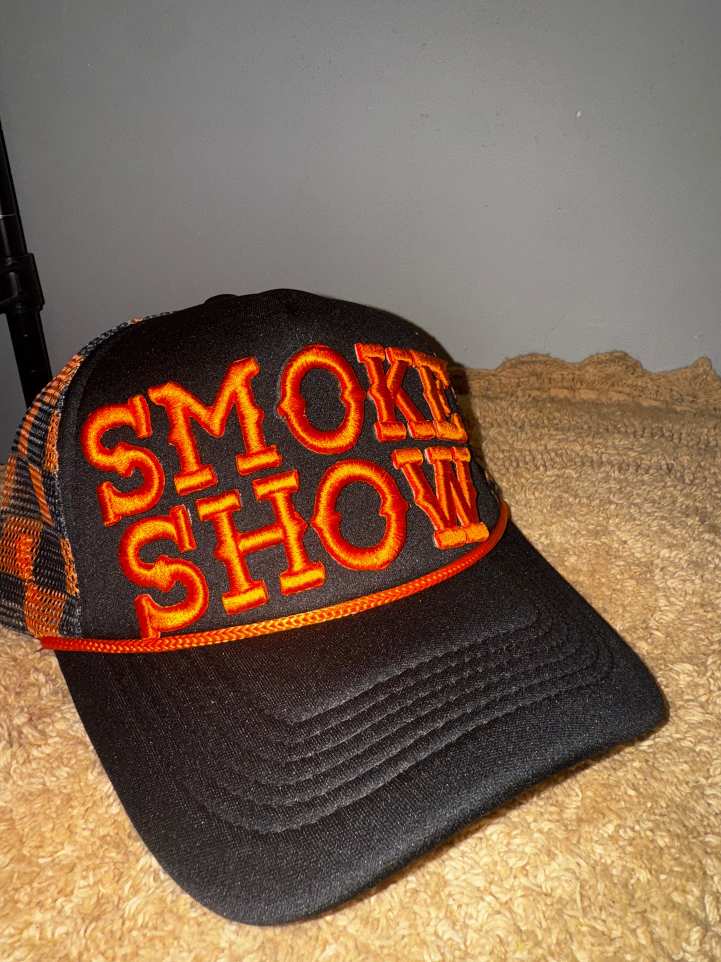 Harley vibes orange black checkeded smoke show trucker hat