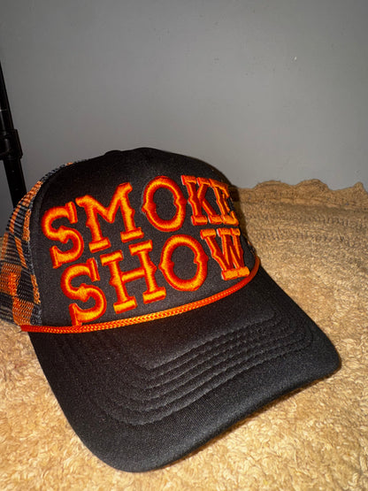 Harley vibes orange black checkeded smoke show trucker hat