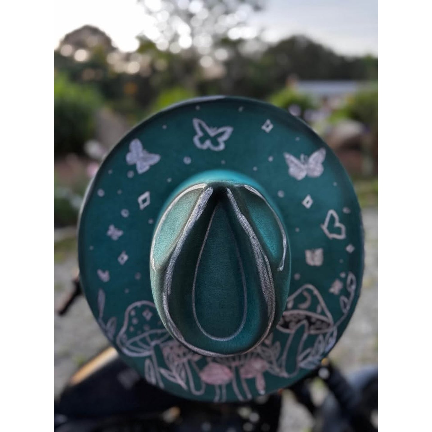 Custom Hand-Painted Teal Mushroom and Butterfly Fedora Hat handburned womens hat