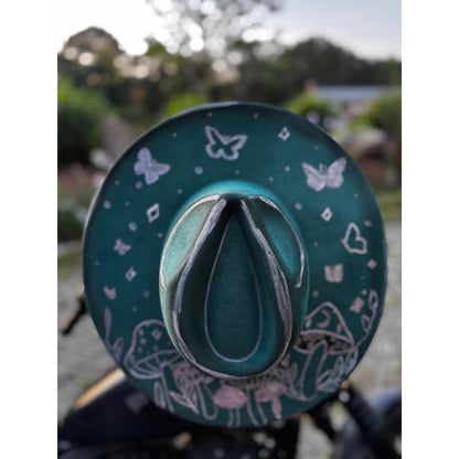 Custom Hand-Painted Teal Mushroom and Butterfly Fedora Hat handburned womens hat