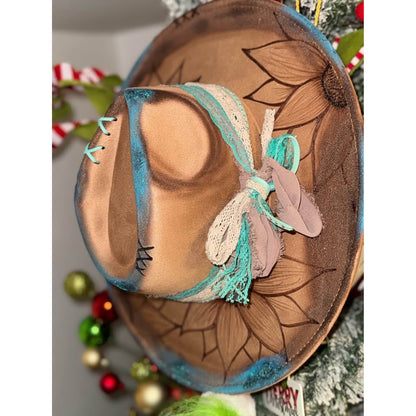 Ooak custom western sunflower handburned / painted new adult adj brim hat.