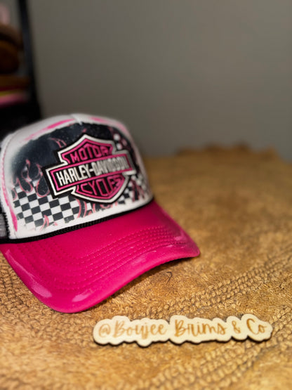 Harley Davidson pink black checkered womens trucker hat