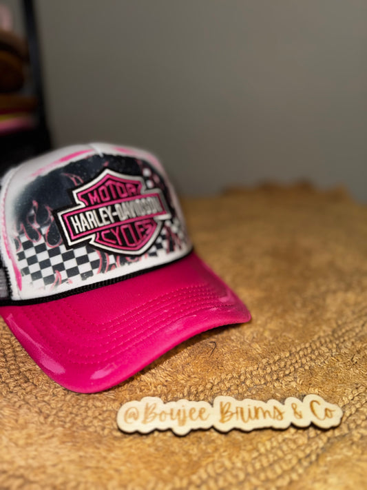 Harley Davidson pink black checkered womens trucker hat