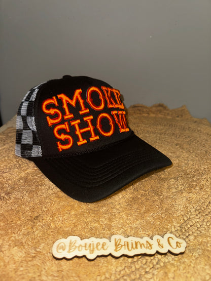 Smoke show black checkered orange letters.  Harley davidson vibes🧡