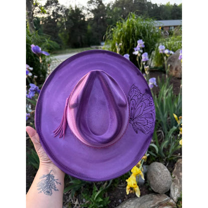 Womens handmade burned custom Purple Butterfly Fedora Hat