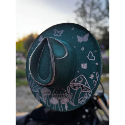 Custom Hand-Painted Teal Mushroom and Butterfly Fedora Hat handburned womens hat