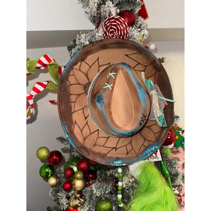 Ooak custom western sunflower handburned / painted new adult adj brim hat.