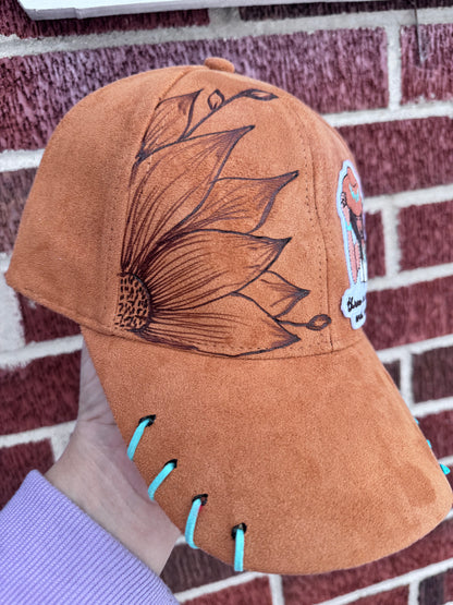 Hand burned turquoise cowgirl adult rts trucker hat.