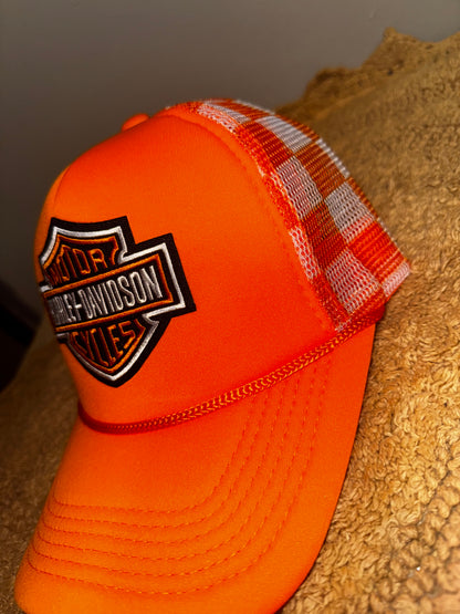 Harley davidson orange checkered unisex trucker hat