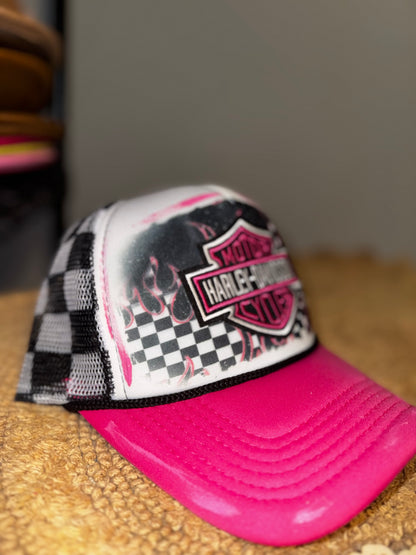 Harley Davidson pink black checkered womens trucker hat