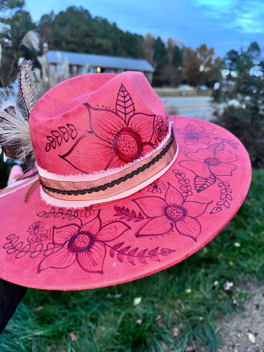 Sweet flower of mine - Rust Red Wide Brim 9.5cm suede hat. 56-58cm adjustable