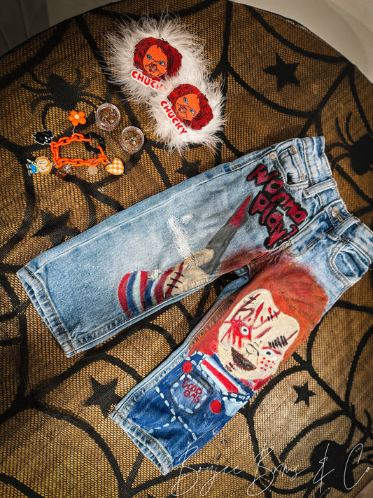 Custom handpainted chucky jeans unisex 18-24m adj waist