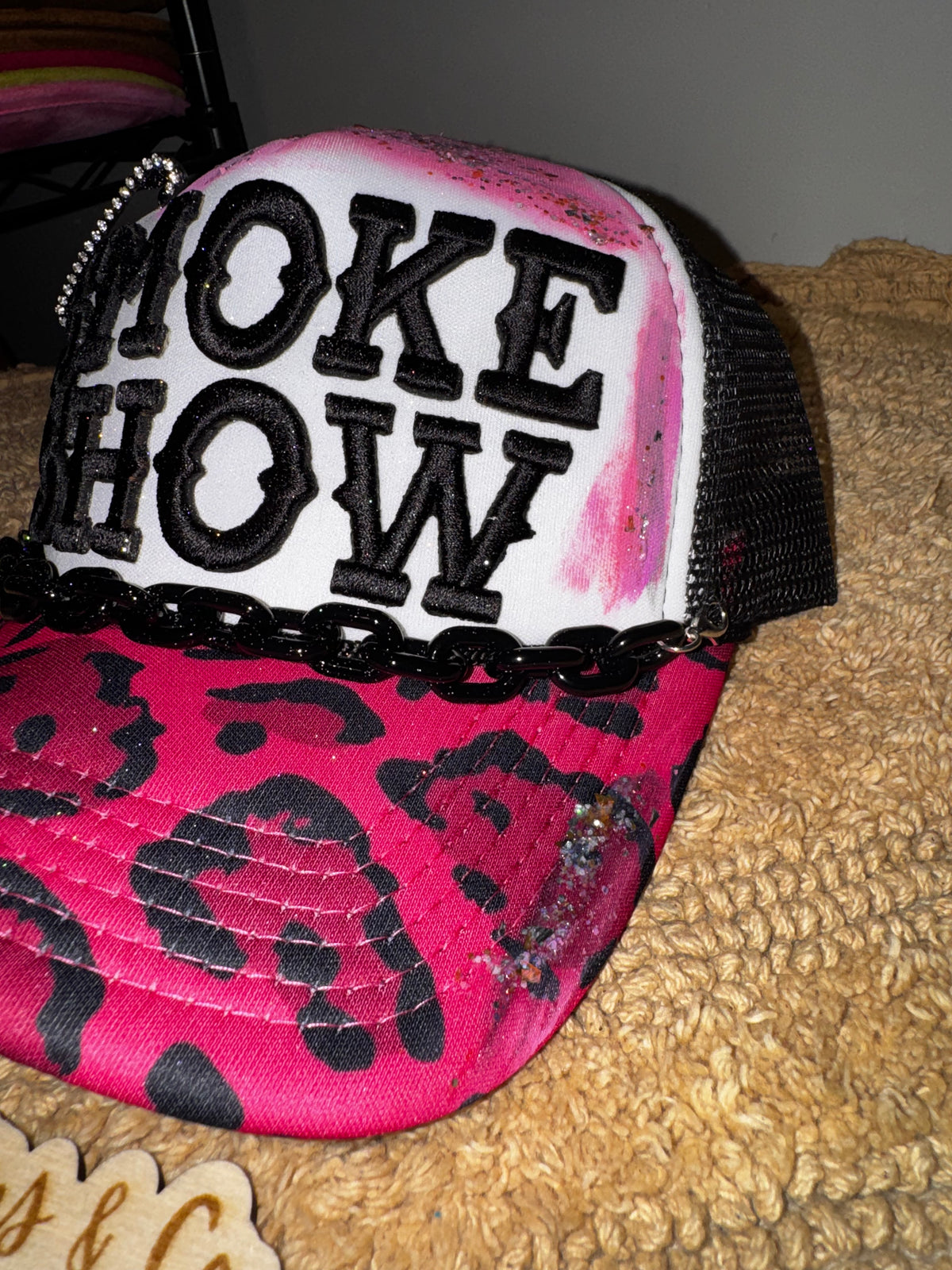 SMOKE SHOW leopard print ooak trucker hat