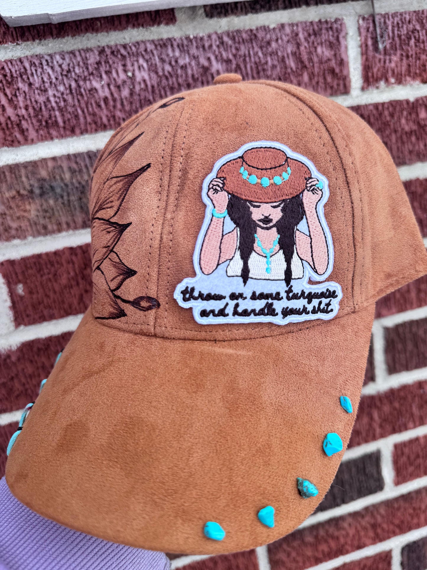 Hand burned turquoise cowgirl adult rts trucker hat.