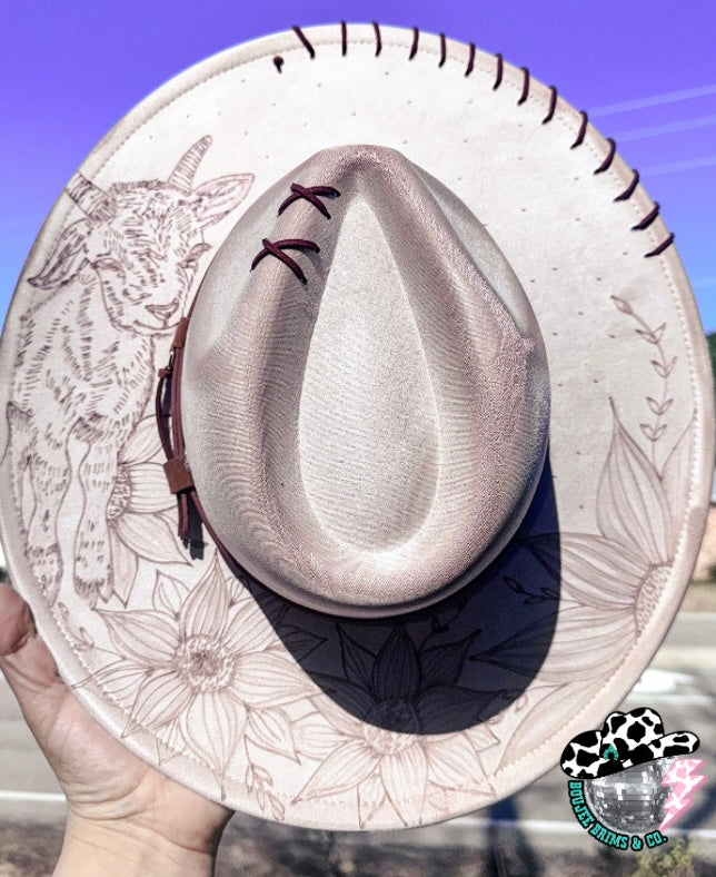 Adult extra wide brim adj hat - Goat& sunflowers
