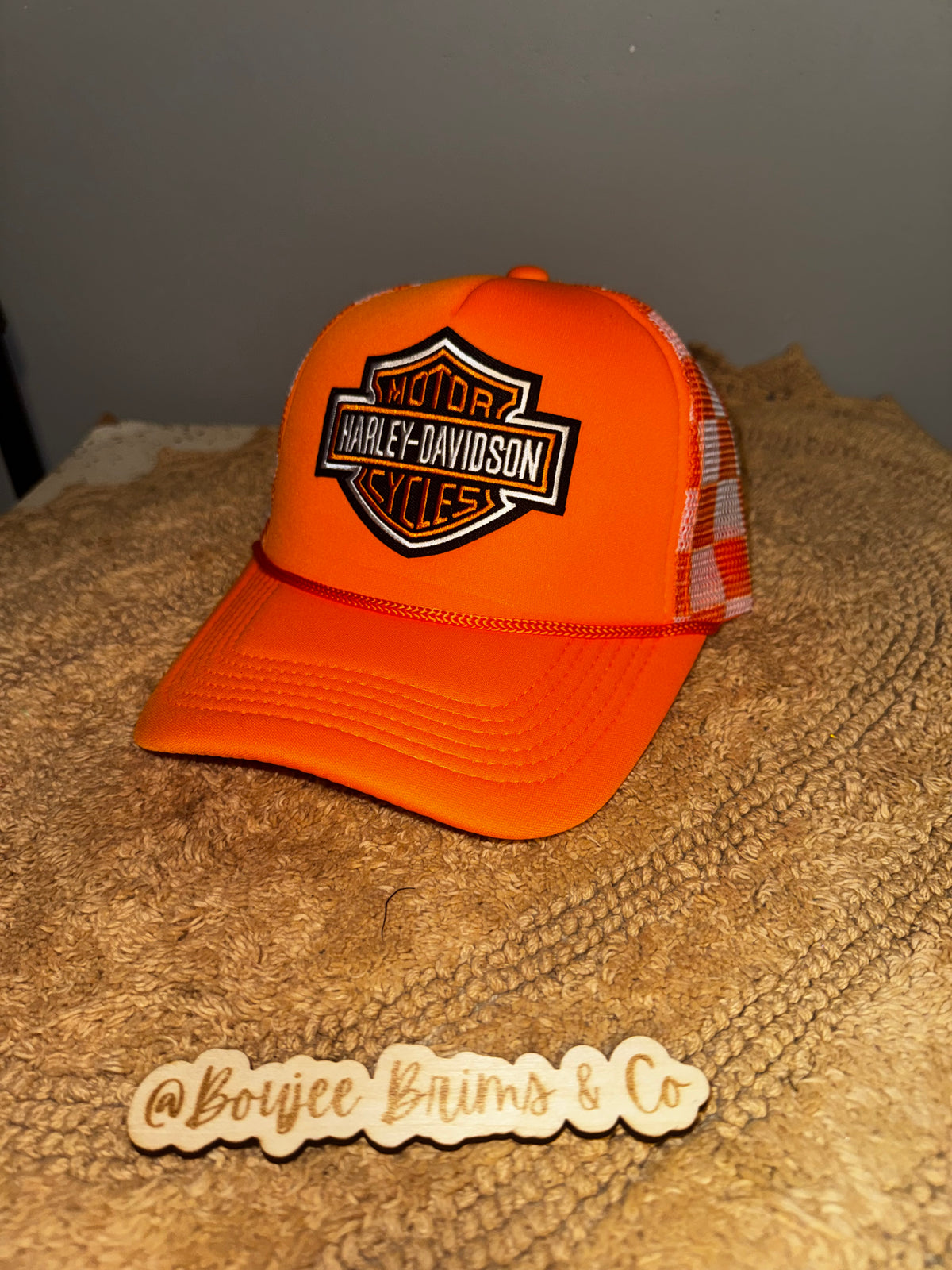 Harley davidson orange checkered unisex trucker hat