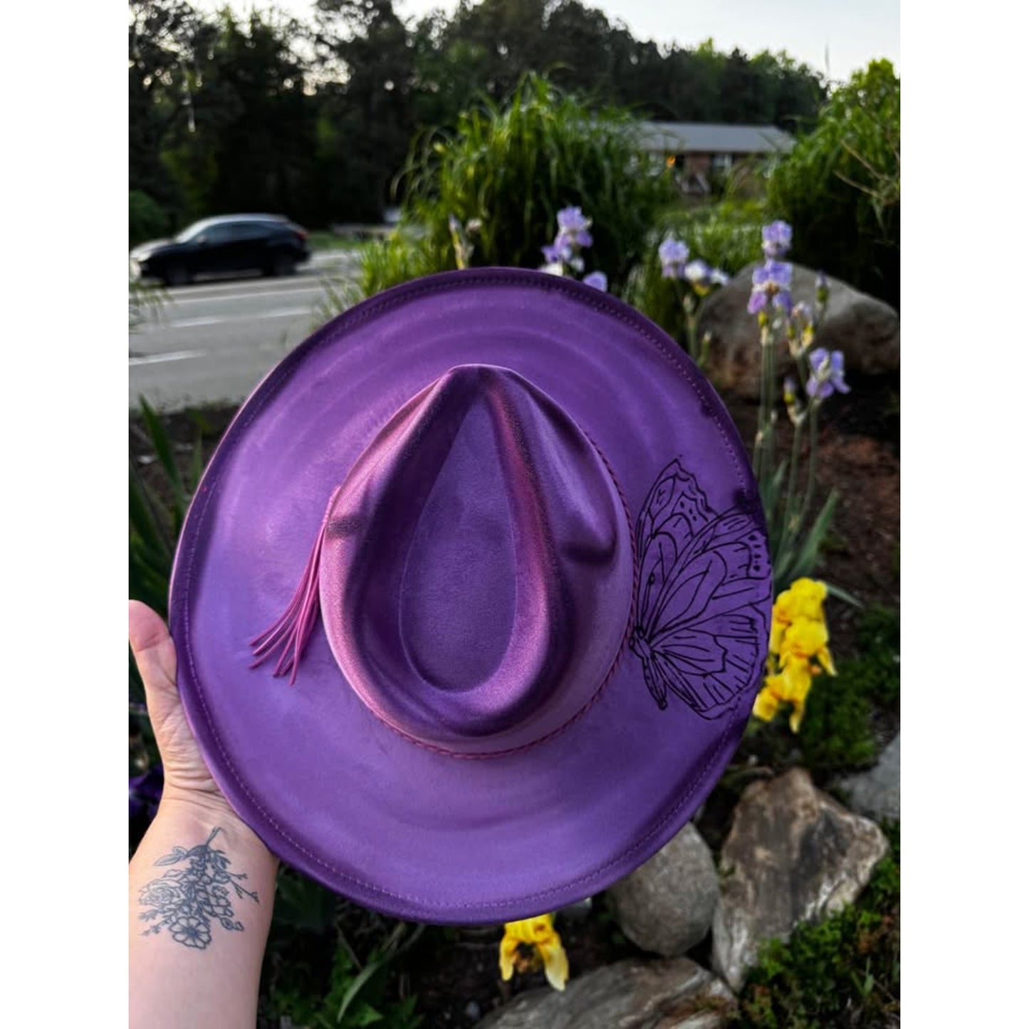 Womens handmade burned custom Purple Butterfly Fedora Hat