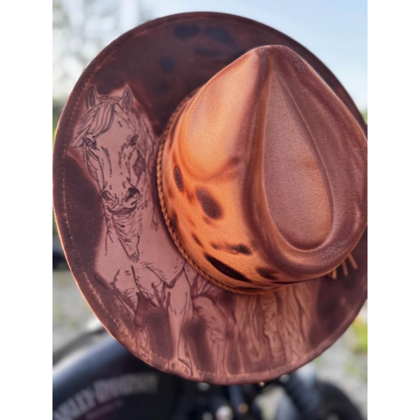 Custom Horse Burned Wide Brim Fedora Hat