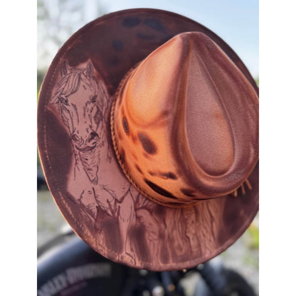 Custom Horse Burned Wide Brim Fedora Hat