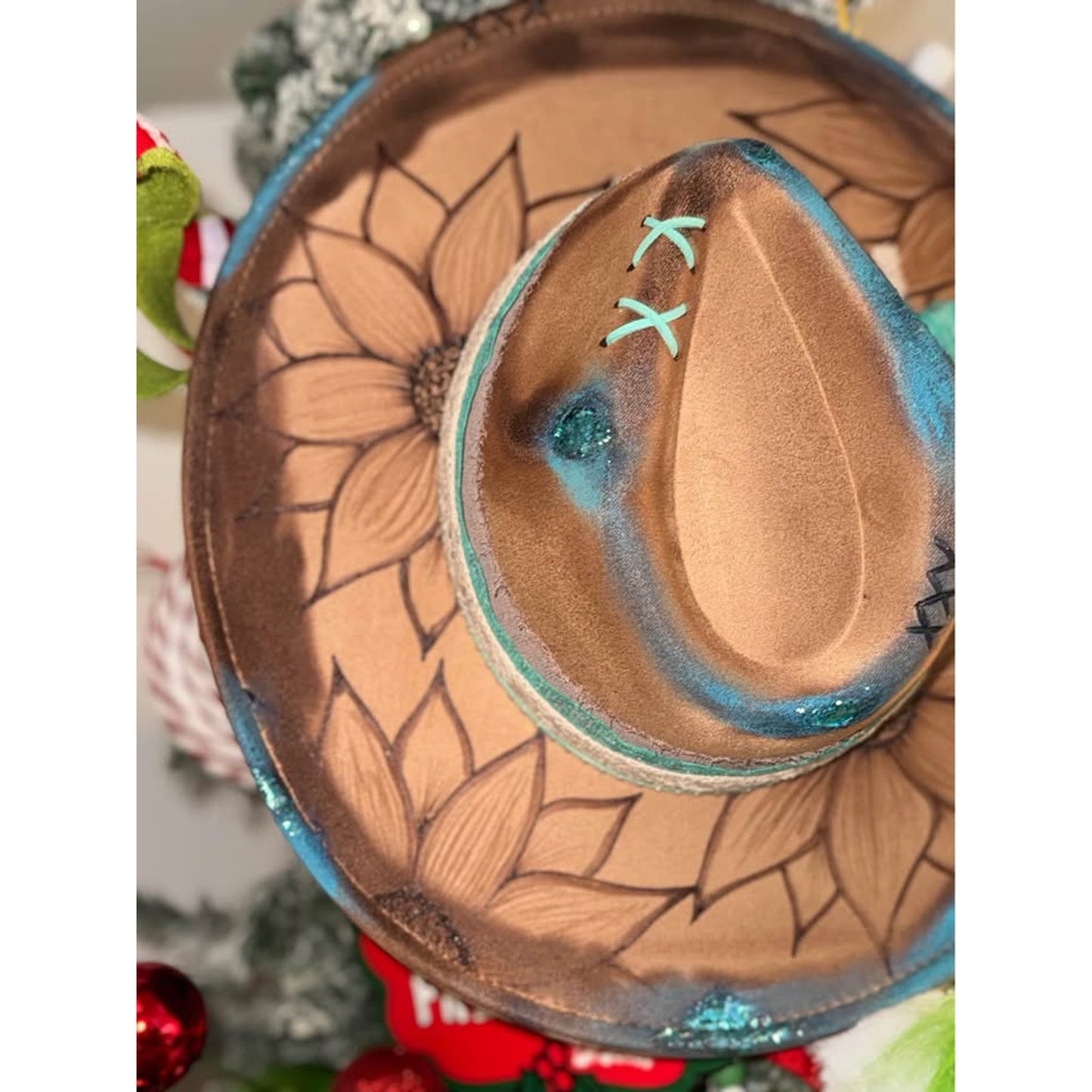 Ooak custom western sunflower handburned / painted new adult adj brim hat.